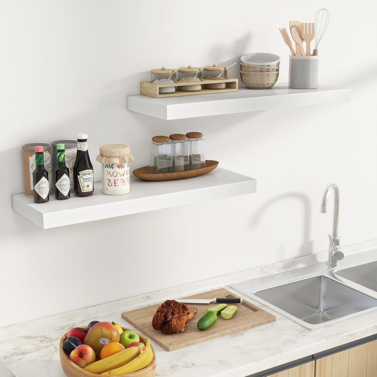 Fun Memories Floating Shelves for Wall, 32 Inch Long Floating Shelves Set of 2, 32 x 10 Wooden Shelves for Wall, Large Storage Shelves, Hanging Shelves for Bathroom Kitchen Bedroom, White