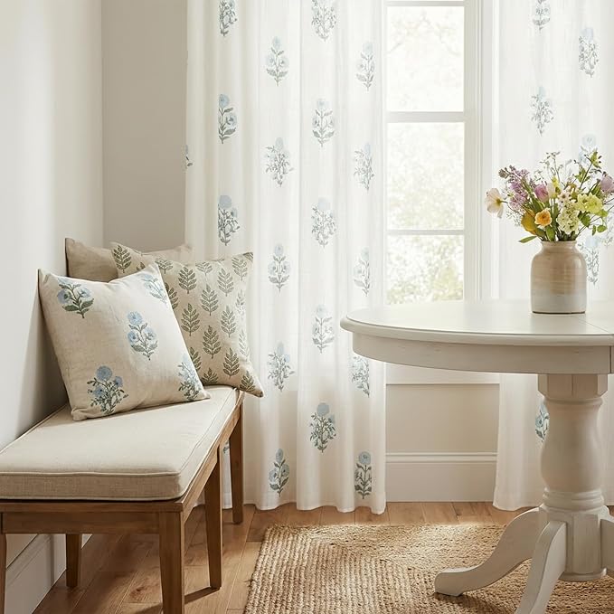 Custom 102 Inch Long Floral Pinch Pleated Curtains, High End Luxury Floor Length Pleat Drapes for 9FT Ceiling, Blue and Green Pattern Linen Semi Sheer Drapery Panels for Living Room Bedroom