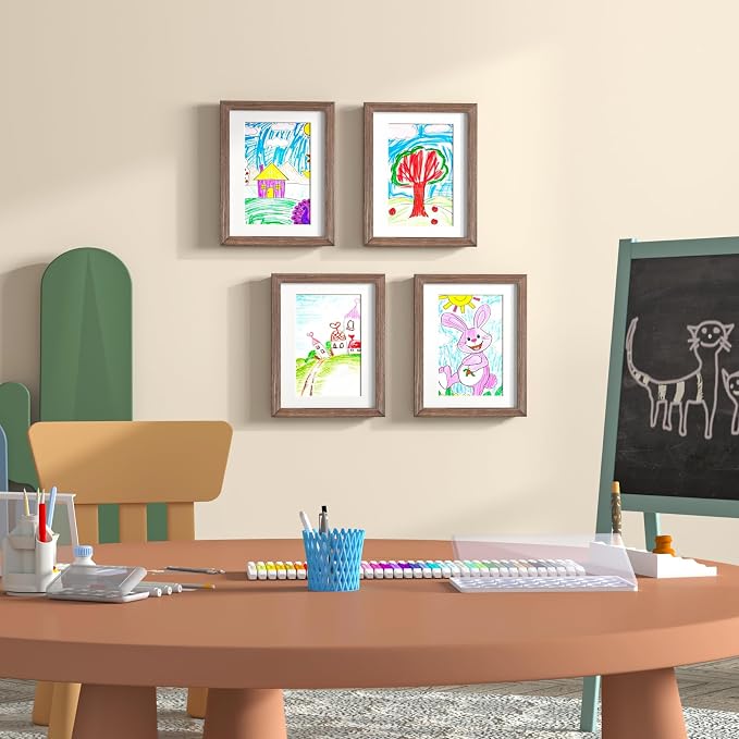 KINLINK 8.5x11 Kids Art Frame 2 Pack, Solid Wood Artwork Frames Changeable, Front Opening Hold 150 Pictures, Art Frames for Kids Artwork, 6x9 with Mat 8.5x11 without Mat, Picture Frames Brown Wood