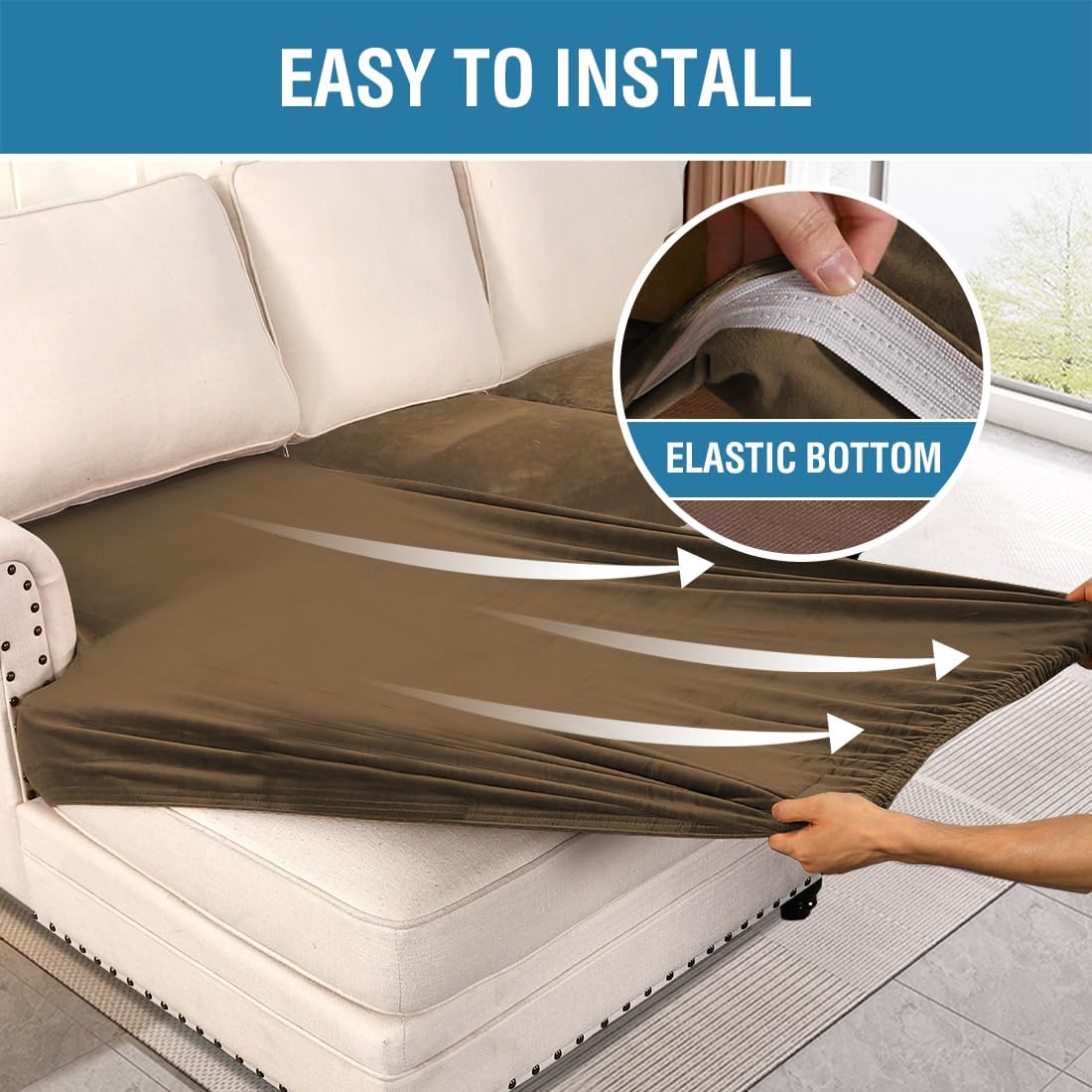 H.VERSAILTEX Velvet Stretch Sectional Couch Covers 3 Pieces Sofa Seat Cushion Covers L Shape Separate Couch Cover for Both Left/Right Sectional Couch (Large Sofa 2 Seater + 1 Chaise, Bronze Brown)