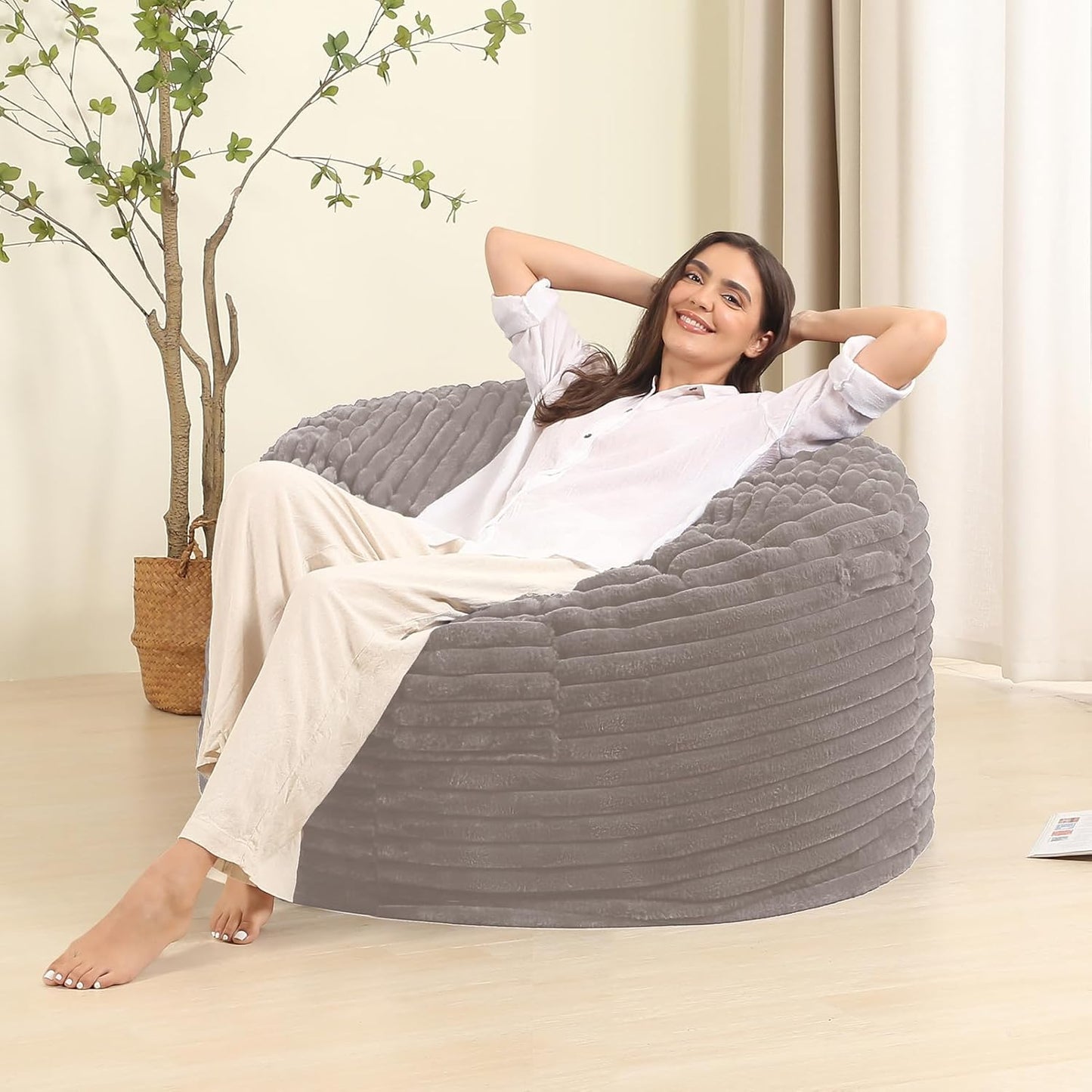 3FT Memory Foam Bean Bag Chair for Adults/Teens, Bean Bag Sofa with Fluffy Removable Cover, for Living Room Bedroom, Grey