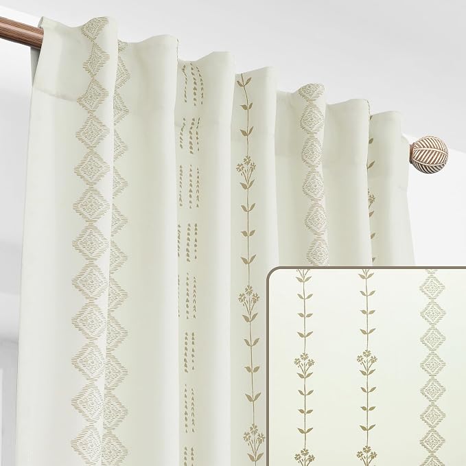 Farmhouse Curtains Semi Blackout, Cream and Tan Striped Drapes for Living Room Bedroom 96 Inch Long 2 Panel Set
