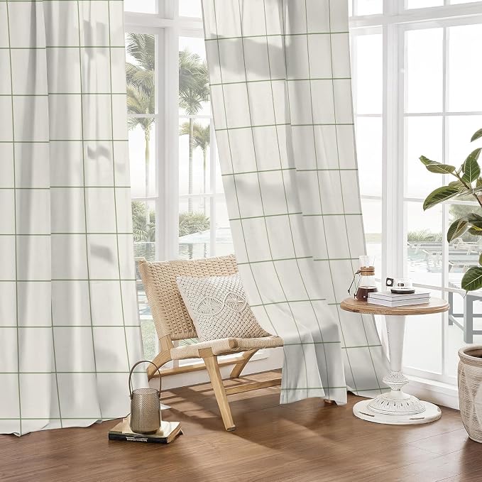 Plaid Curtains 84 inches Long for Bedroom,Farmhouse Gingham Curtains 84 Inches Long for Living Room,Beige Sage Green Gingham Checkered Rod Pocket Light Filtering Stripes Privacy Drapes 2 Panels