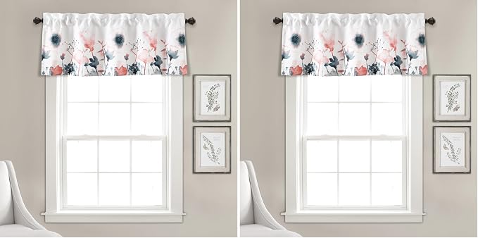 Lush Decor Zuri Flora Light Filtering Window Curtain Valance, 18" L x 52" W, Blue & Coral (Pack of 2)