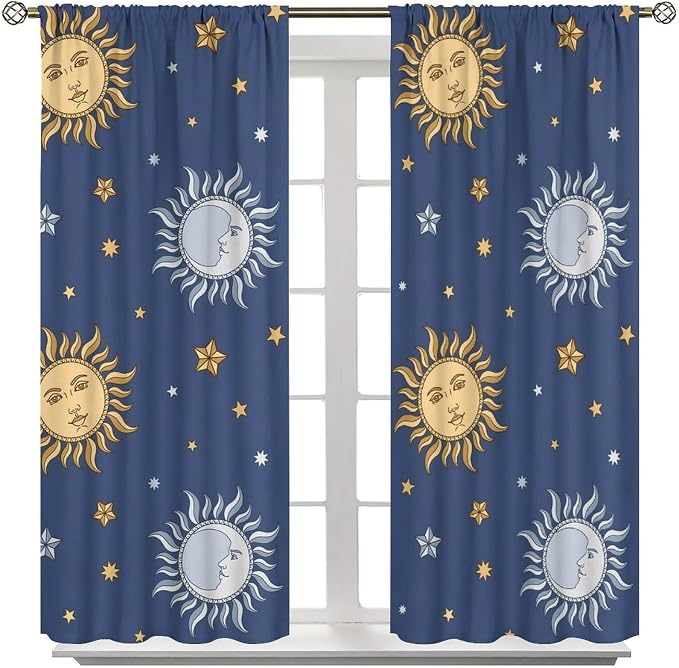 Vintage Sun Moon Bohemian Blackout Window Curtains, Retro Boho Style Print Rod Pocket Window Drapes, for Living Room Bedroom 52x84in 2 Panels