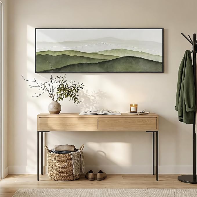 Large Framed Green Abstract Mountain Wall Art for Living Room, Long Narrow Modern Landscape Canvas Prints Paintings for Walls, Horizontal Nature Pictures Wall Decor for Bedroom Dinning Room, 20x60 In