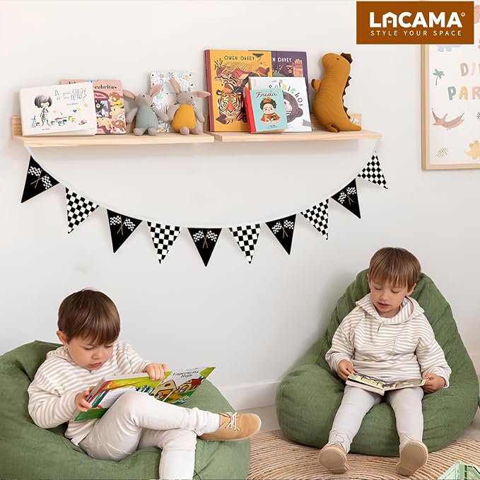Lacama Car Room Decor,Boys Room Wall Art Decor for Toddler Nursery Playroom, Black and White Checkered Garland Triangle Banners,Racing Flags Bunting Flags Fabric for Baby Shower Birthday Party,Kidroom