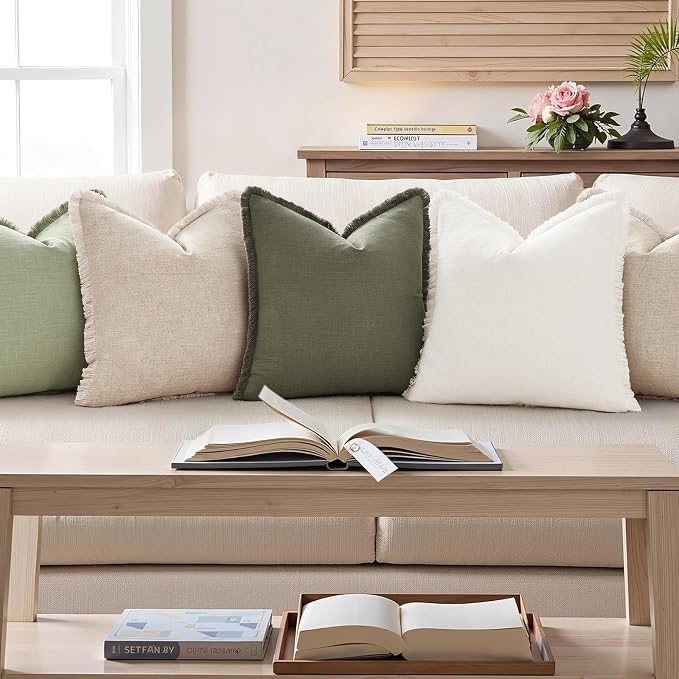 decorUhome Linen Fringe Lumbar Throw Pillow Covers Set of 2 Decorative Sage Green Pillow Covers with Tassels Soft Accent Boho Farmhouse Pillow Cases for Couch Bed Sofa 12x20 Inch