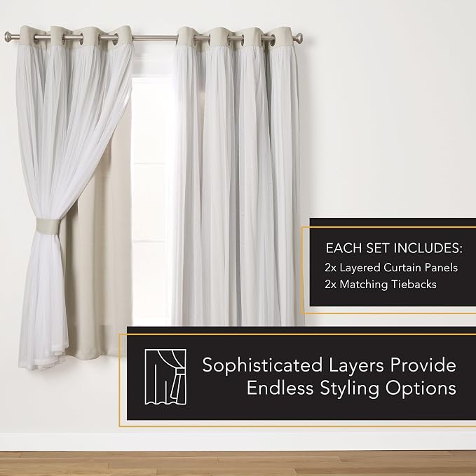 TOWN & COUNTRY LUXE Talia Double Layer Indoor Curtains, Sheer and Room Darkening Blackout, Grommet Top, Energy Efficient, 2-Pack Set, 52"x63", Cloud Grey