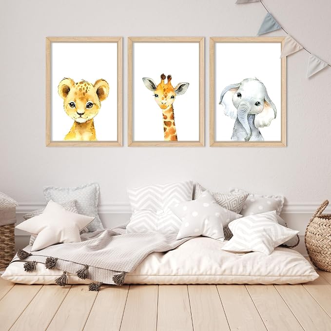 Nursery Decor Safari Baby Animal Giraffe Elephant Lion 3Pc 11x16 Wood Frame | Cute Prints Sign Wall Art for Children's Room