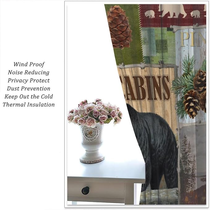 Vintage Bear Blackout Curtains Countryside Mountains Farmhouse Forest Hunting Lodge Lake Pine Cones Wild Deer Bear Animals Windows Treatments Rod Pocket for Kitchen Living Room Bedroom 72x63in