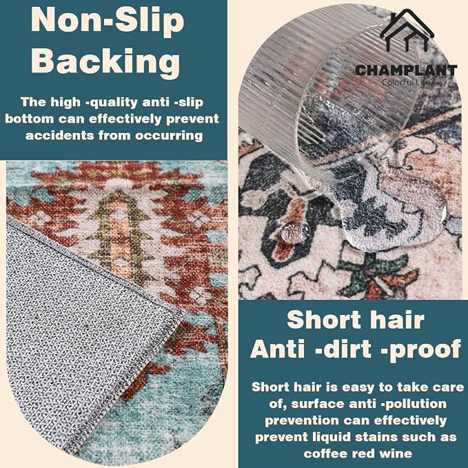 CHAMPLANT Area Rug 5'x7' Washable Rug Floral Green Vintage Traditional Floor Cover Thin Retro Kitchen Indoor Distressed Non Slip Carpet for Living Room Bedroom Dining Room
