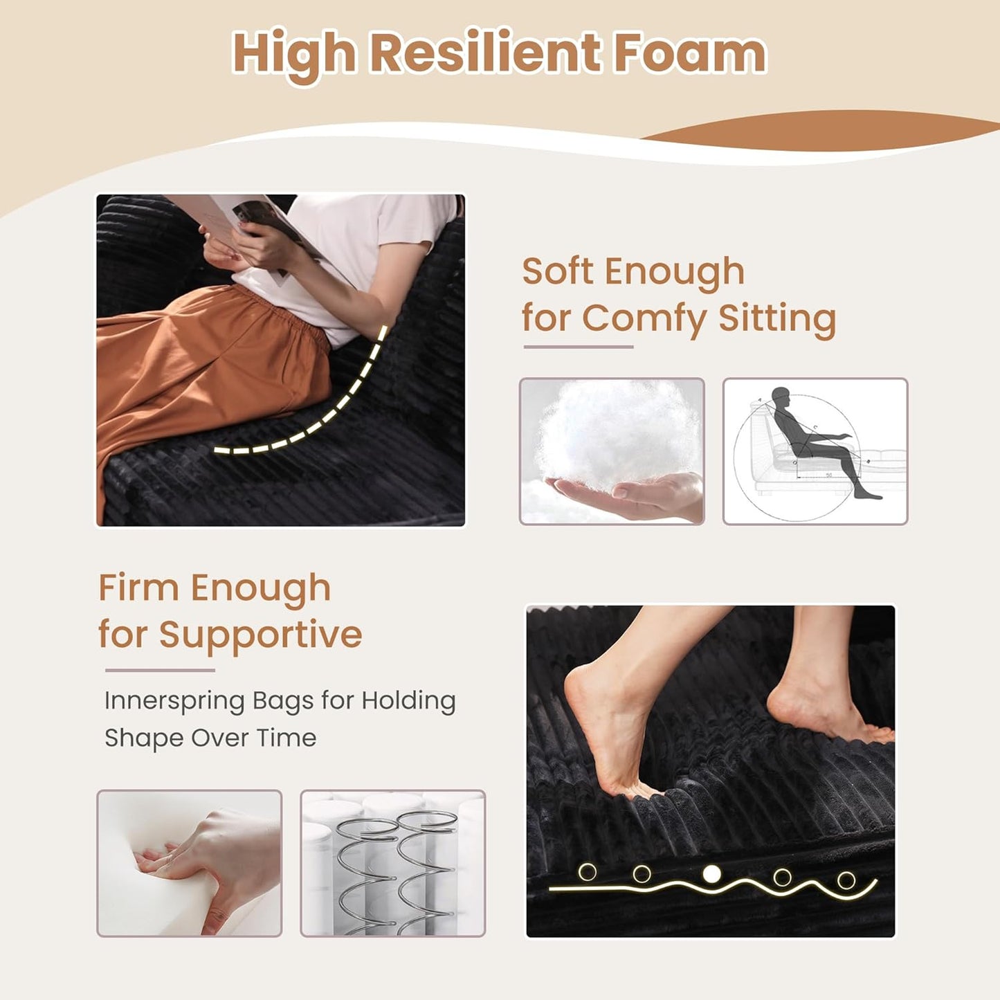 HOOOWOOO Cloud Sectional Couches for Living Room,Modular Sectional Sofa No Assembly,Plush Corduroy Large Floor Couch Furniture Set with Deep Seat Double Chaise and Singlar Lounge(Black)