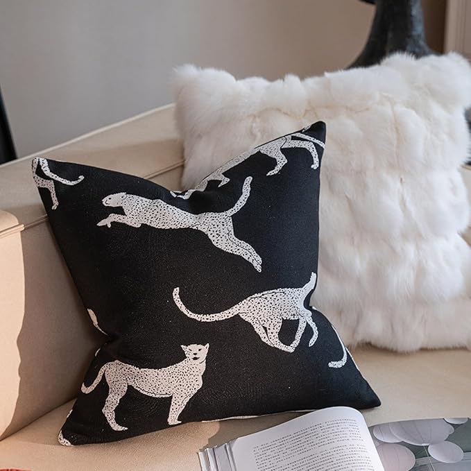 Croker Horse 22x22'' Throw Pillow Cushion Covers - Black Embroidery Leopard Cheetah Luxury Modern Style Couch Sofa Pillow Cover for Living Room Bedroom