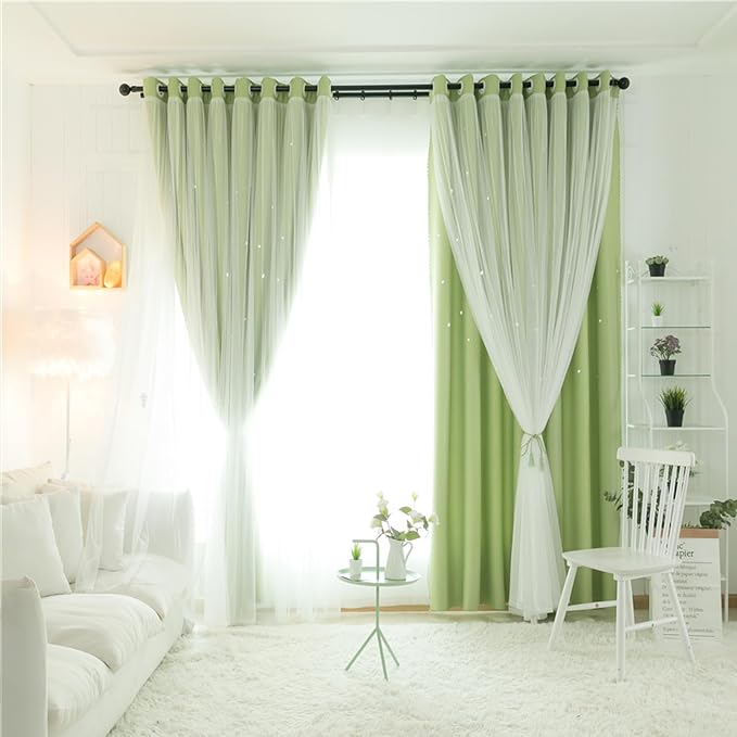 2 Panels Green Star Blackout Curtains 120 Inches Long, Privacy Light Filtering Cute Drapes for Kids Bedroom, Thick Grommet Double Layer Nursery Princess Curtains for Glass Door (40"W x 120"L)