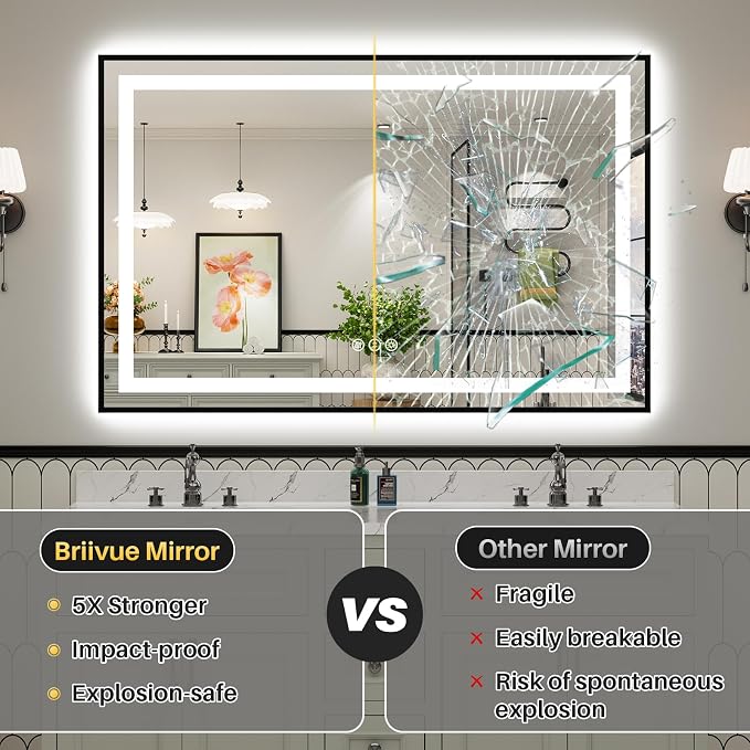 96x36 Inch LED Bathroom Mirror with Black Frame, Backlit & Front Lit, Anti-Fog Lighted Bathroom Vanity Mirror for Wall, Memory Function, Dimmable, HD Tempered Glass, Shatter-Proof