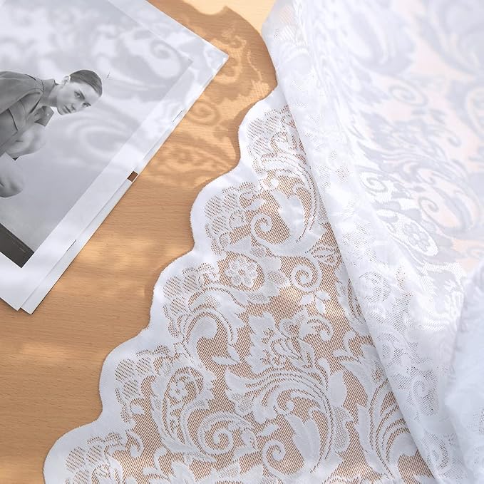 ALIGOGO White Lace Curtains 80 inches Long - Victorian Crochet Floral Sheer Curtains for Doorway Bedroom, Scalloped Privacy Rod Pocket 2 Panels, 52 x 80 Inch, White