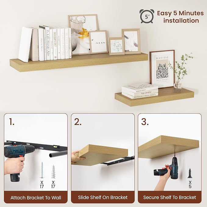 Vivelove 12 Inch Deep Floating Shelves 16 inch Long, 2 Inch Thick Wall Shelves with Invisible Brackets, Shelf for Bedroom Bathroom Living Room Kitchen Office Home Decor, Modern Shelf Set of 2, Oak