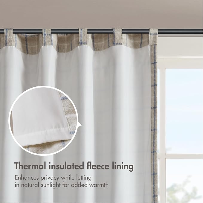 Madison Park Anaheim Cabin Plaid Curtain Window, Thermal Insulated Fleece Lining, Living Room Decor Room Darkening Drape for Bedroom, 1-Single Panel Pack, 50x108, Rod Pocket & Back Tab, Linen Blue