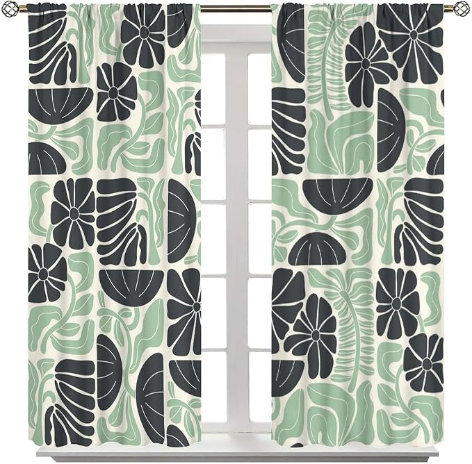 JESTRONRY Mid Century Boho Curtains, Modern Abstract Abstract Geometric Green Floral Pattern Print Blackout Window Door Curtains for Bedroom Living Room Home Decor 72x63in