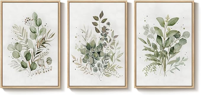 Framed Botanical Wall Art for Living Room, 3 Piece Neutral Sage Green Eucalyptus Leaf Canvas Prints, Modern Minimalist Watercolor Plant Pictures for Dining Room Bedroom Office Wall Decor, 16x24 inch