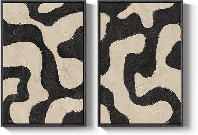Framed Abstract Beige Black Wall Art for Living Room, Large Neutral Modern Canvas Artwork for Walls, Set of 2 Mid Century Elegant Picture Print for Bedroom Home Office Hallway Wall Decor, 24x36 Inch