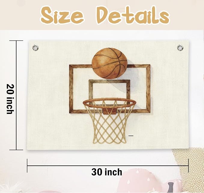 RTXLEZM Basketball Room Decor for Boys, Retro Basketball Hoop Canvas Banner Wall Hanging, Kids Playroom Wall Art Prints for Kids Toddler Boys Nursery Room Bedroom Playroom Decor, 20x30 Inch