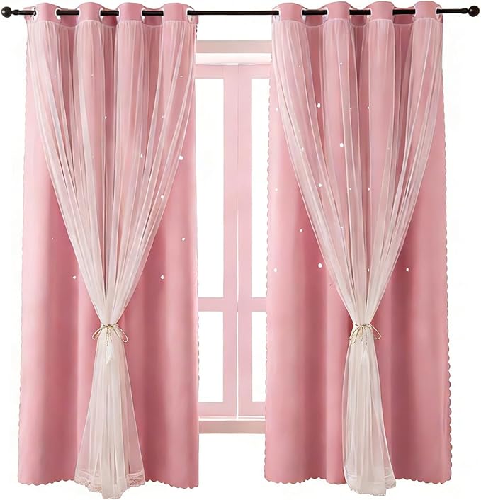 Cute Star Blackout Curtains for Girls Bedroom, Princess Curtains, W40X L63 | 2 Panels Pink Thick Grommet Top Star Cutout Curtains, Double Layer Nursery Kids Curtains, Aesthetic Living Room Decor