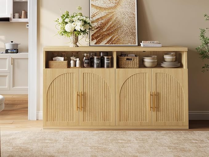 Fluted Buffet Cabinet with Storage, 63" Wide Wood Sideboard Credenza with 4 Doors & Open Storage Shelf, Modern Kitchen Entryway Accent Table for Dining Room Living Room, Kitchen, Hallway, Oak