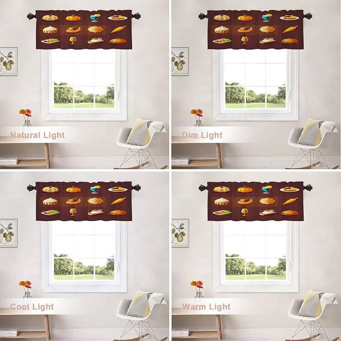 Shrahala Happy Thanksgiving Day Blackout Short Curtains for Windows, Pumpkin Turkey Bird Leaves Kitchen Valance Thermal Insulated Rod Pocket Window Treatment for Bathroom 2 Pack 52 X 16 in