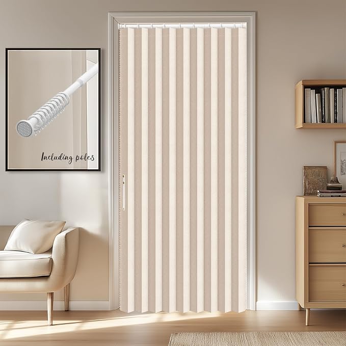 AJAZZ Blackout Door Curtain Magnetic Doorway Curtain Sets Included Rod (1 Pack, 54W x 78 L,Biscotti Beige) Accordion Door Interior Applicable Bedroom Room Living Room