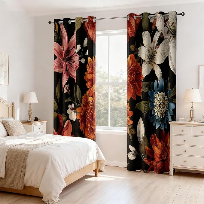 Black Boho Floral Blackout Curtains Mid Century Vintage Botanical Flower Patterned Room Darkening Thermal Insulated Curtains 2 Panels Set, Window Curtain for Bedroom Living Room Decor 52X84 Inch