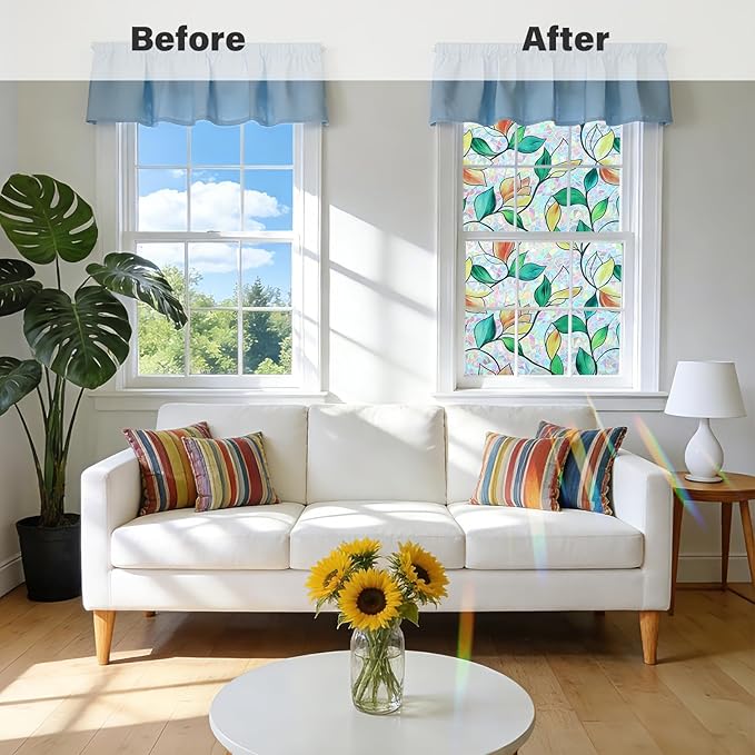 Finnez Rainbow Stained Glass Window Privacy Film, Static Cling No Glue, UV Blocking & Heat Control, Removable & Reusable for Home Office Bathroom Door (Stained Leaf, 35.4" x 157.4")