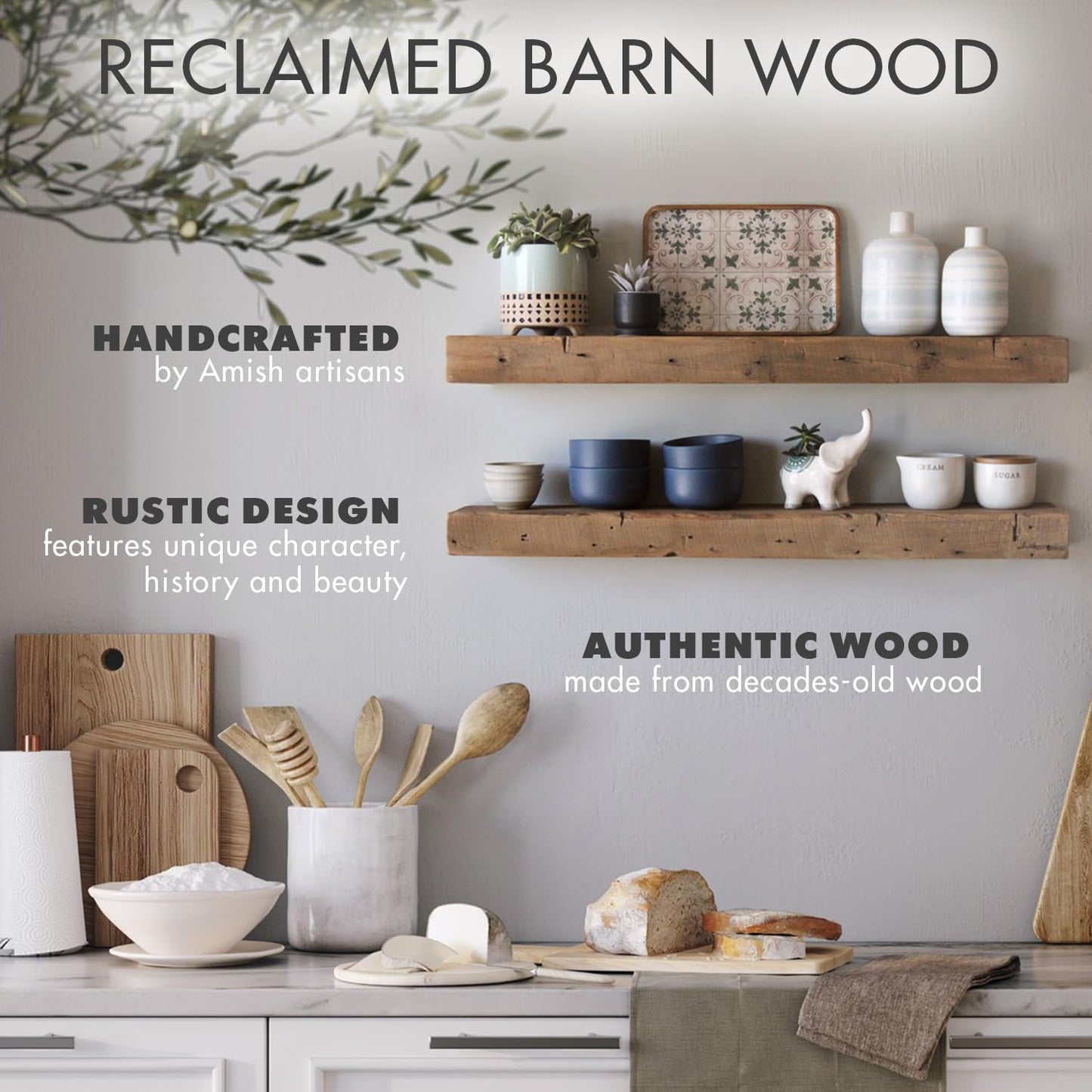 Urban Legacy Reclaimed Barnwood Planks | Floating Shelves for Wall w/Flush Mount Shelf Bracket Set Included | Set of 2 (Natural, 18" x 7" x 2")