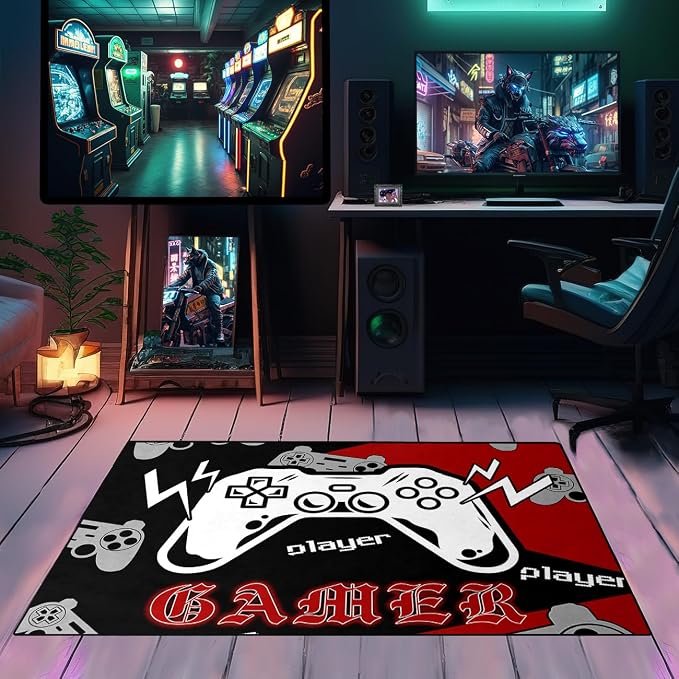 Gaming Rug, Gamer Rugs for Bedroom Boys Player Room Decor, Game Area Rugs for Room, Video Game Carpets Decor for Dining Living Room Mats Black Red, 3'x4'