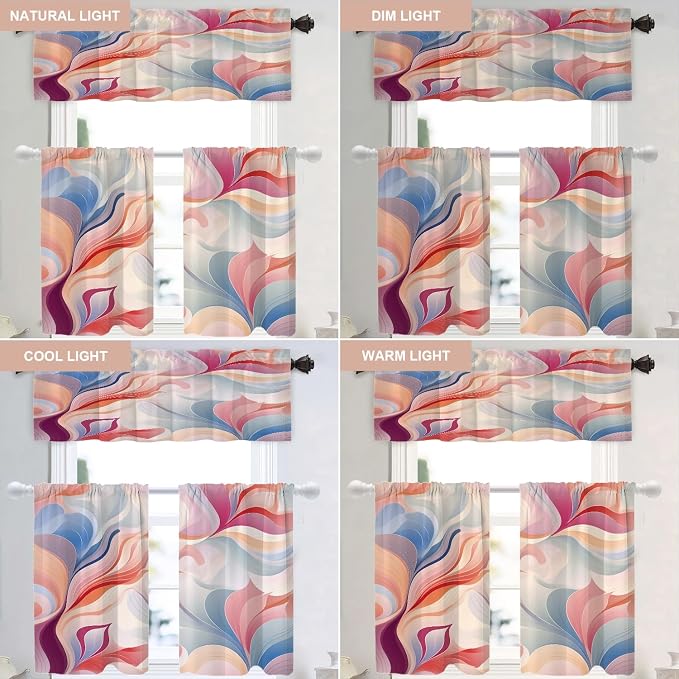 Shrahala Colorful Waves Blackout Curtain Tiers, Fluid Abstract Pattern Kitchen Valance Light Blocking Tier Drapes with Rod Pocket, 2 Pack 26 X 36 in