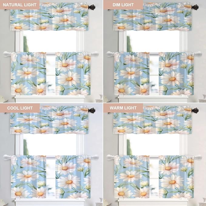 Shrahala Daisies Leaves Blackout Curtain Tiers, White Daisies On Blue Kitchen Valance Light Blocking Tier Drapes with Rod Pocket, 2 Pack 26 X 24 in