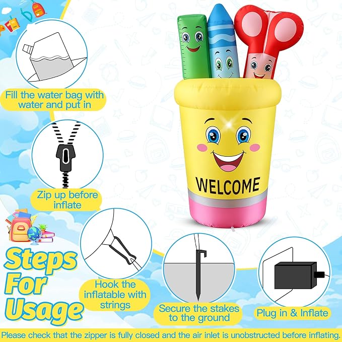 5FT Back to School Inflatable Outdoor Decorations Giant Blow Up Pencil Holder with Crayons & Ruler,Built-in LED Lights for First Day of School Welcome Party Photos Backdrop Classroom Garden Yard Decor