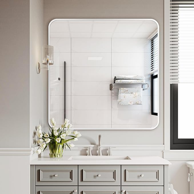 Delma Bathroom Vanity Mirror, Black Framed Bathroom Mirror for Over Sink, High-Definition Bathroom Mirror, Versatile Bathroom Vanity Mirror, Hangs Horizontally or Vertically(30x30, Silver)