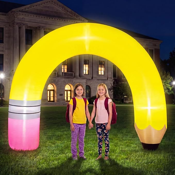 RattanView 8 ft Back to School Pencil Inflatable Arch Yard Decoration Kindergarten Inflatables Arch Preschool Large Yellow Pencil Blow up with LED Lights for Outdoor Lawn Garden Backdrop Photo Props