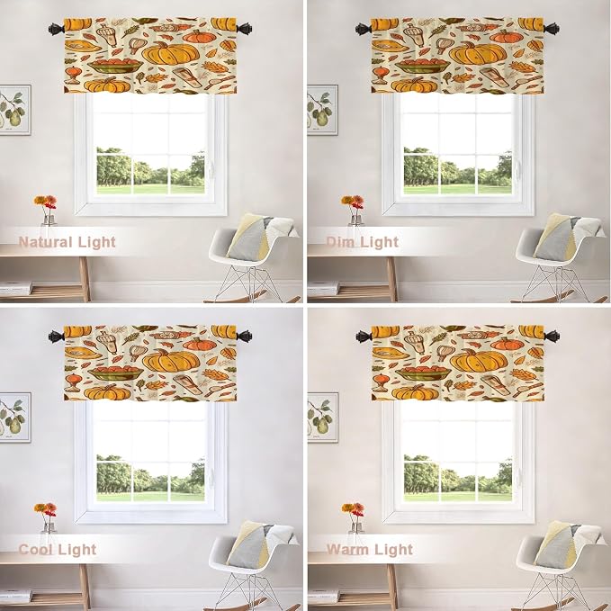 Shrahala Thanksgiving Seamless Pattern Blackout Short Curtains for Windows, Pumpkin Apple Pear Leaves Kitchen Valance Thermal Insulated Rod Pocket Window Treatment for Bathroom 52 X 18 in