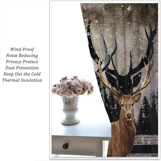 Rustic Hunting Deer Blackout Curtains Vintage American Flag Forest Hunting Cabin Rustic Deer Wildlife Windows Treatments Rod Pocket for Kitchen Living Room Bedroom 42x54in