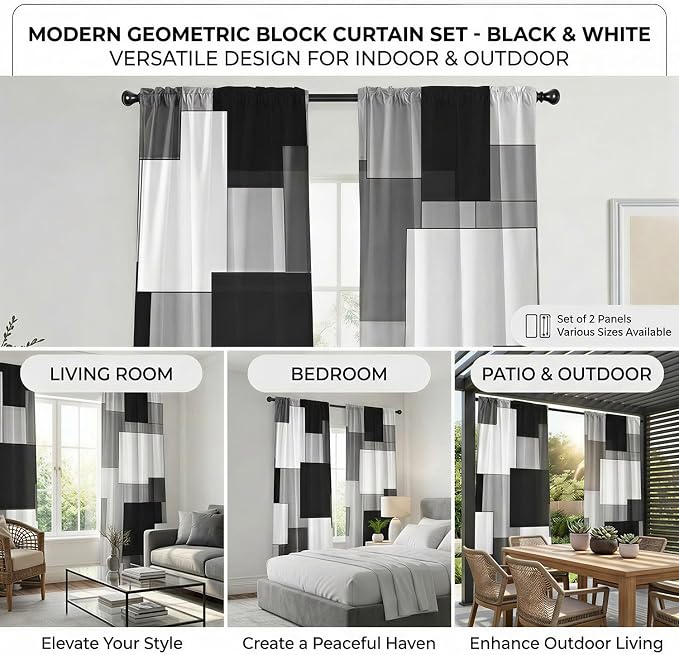 Black and Grey Curtains for Living Room 84 Length Geometry Curtains Modern Black White Gray Abstract Rod Pocket Curtain for Bedroom Kitchen Room Window Drapes 2 Panels