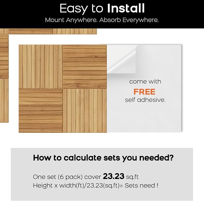 BUBOS 6 Pack Acoustic Wall Panels - High-Density Polyester Sound Absorbing Panels, Decorative Wood Print Treatment for Recording Studio & Home Office, Peel and Stick, 23.6" x 23.6"
