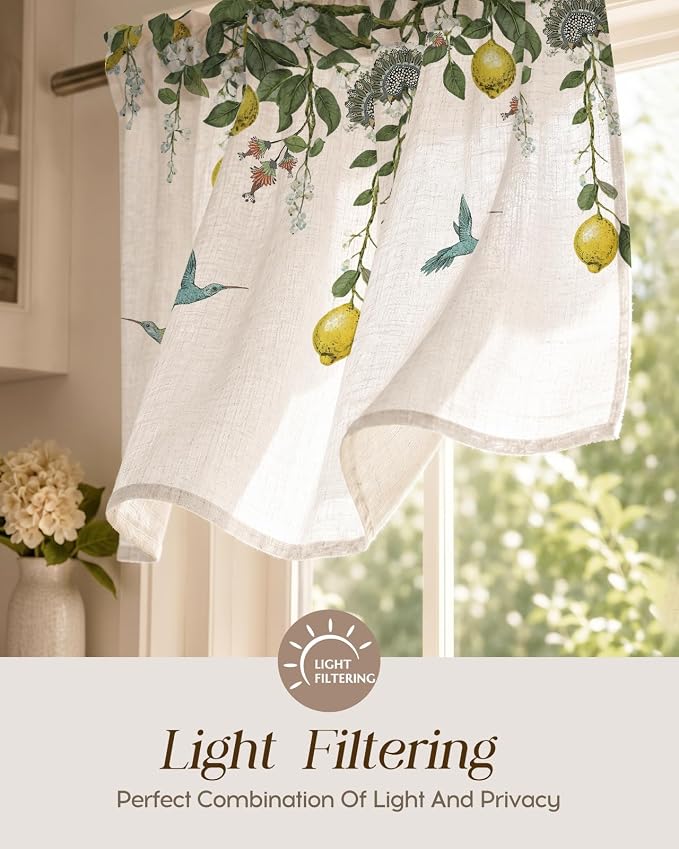 Miss Adola Valance Curtain for Windows - 16 Inch Linen Blend Farmhouse Lemon Bird Valance for Kitchen Living Room Bedroom Bathroom Vintage Country Short Curtain with Rod Pocket, 1 Panel