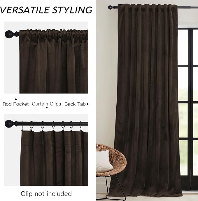 RYB HOME Brown Velvet Curtains for Bedroom Living Room, Thermal Insulated Privacy UV Heat Blocking Luxurious Drapes for Nursery Dining Room, 52" W x 80" L, 2 Panels, Rod Pocket/Back Tab/Hook Belt
