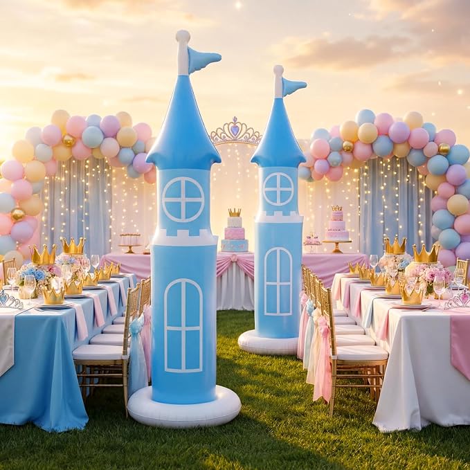 2 Pack 6.2 FT Birthday Party Decorations, Castle Inflatable Stand Castle Blow Up Yard Decorations for Indoor Outdoor Party Garden Supplies (Blue,Princess)