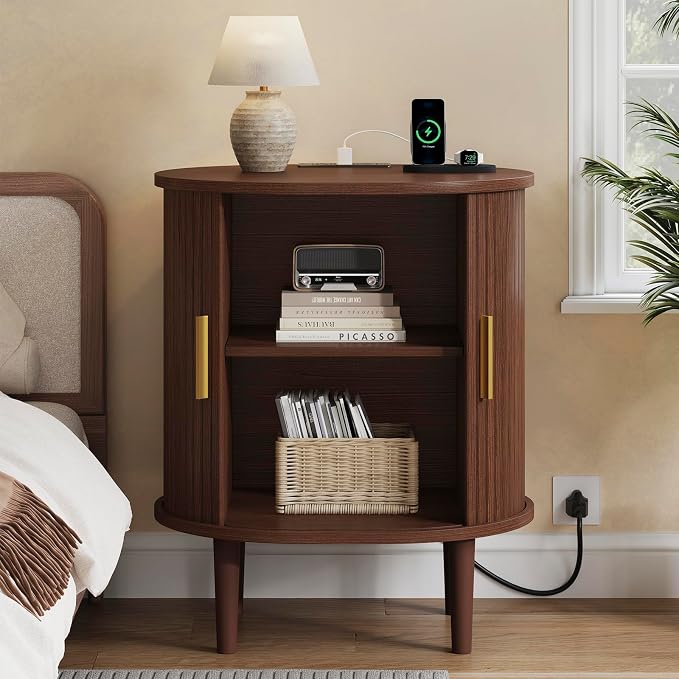 DHH Mid Century Modern Nightstand Set of 2 with Charging Station, Fluted Accent Side Table with Sliding Door & Adjustable Shelf, End Table for Small Space, Living Room, Bedroom,Sofa Couch(2, Walnut)