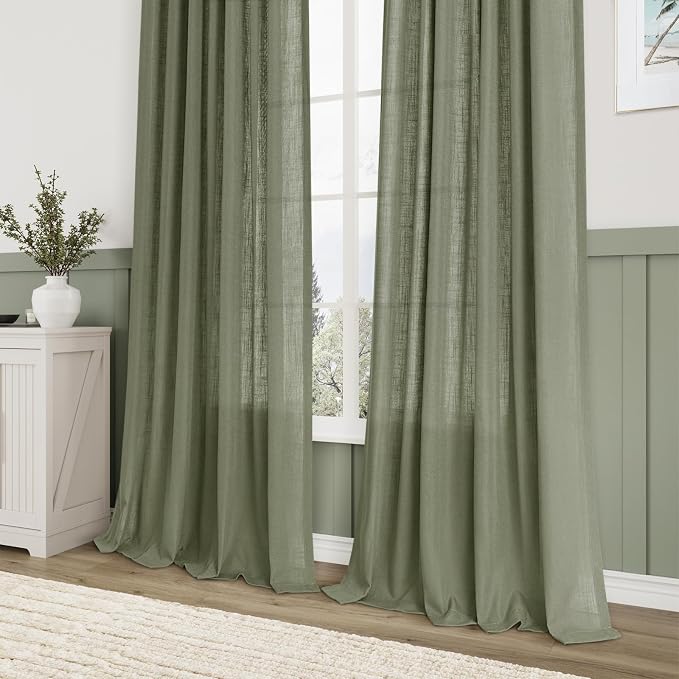 Linen Blend Green Curtains 84 Inches Long 2 Panels for Living Room Back Tab Pocket Light Filtering Sheer Privacy Olive Green Window Curtain Aesthetic Neutral Decor Muted Earthy Tone Drapery Bedroom