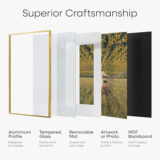 Homeforia 11x11 Picture Frame Gold, High End Metal 11 by 11 Square Frames with Mat 9 x 9 Photo, 11by11 Thin Poster Frame Matted to 9x9 inch Art, Wall Hanging Frames, Tempered Glass, Wall Kit, Set of 2